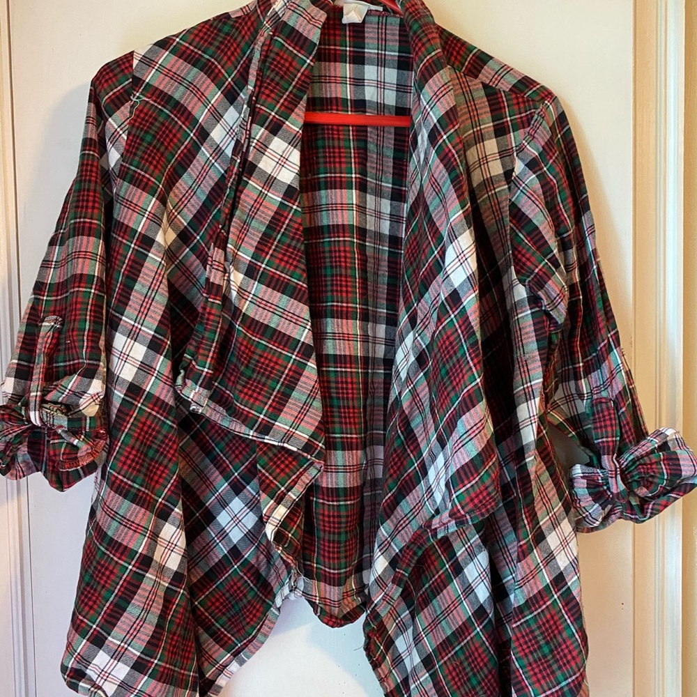 Red, white, and green cardigan/flannel